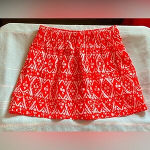 NWOT J. CREW Cute cotton miniskirt, orange/white geo print, stretch waist, S